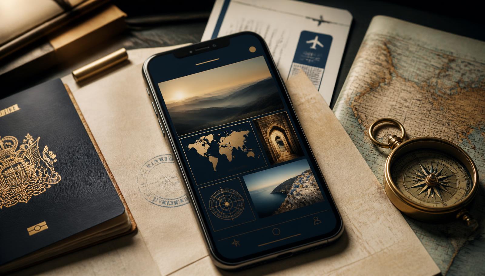 Illustrative Atlas travel interface connecting destination discovery, booking, stamp collecting and rewards.