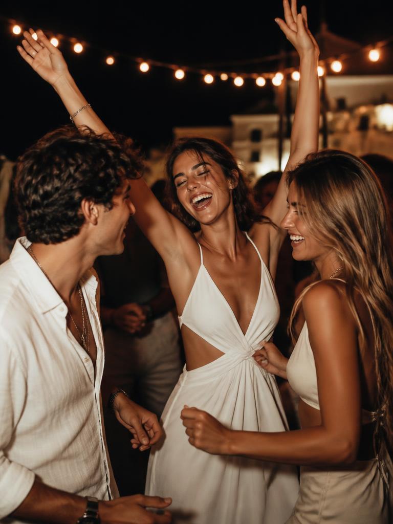 Friends dancing at a Mykonos party